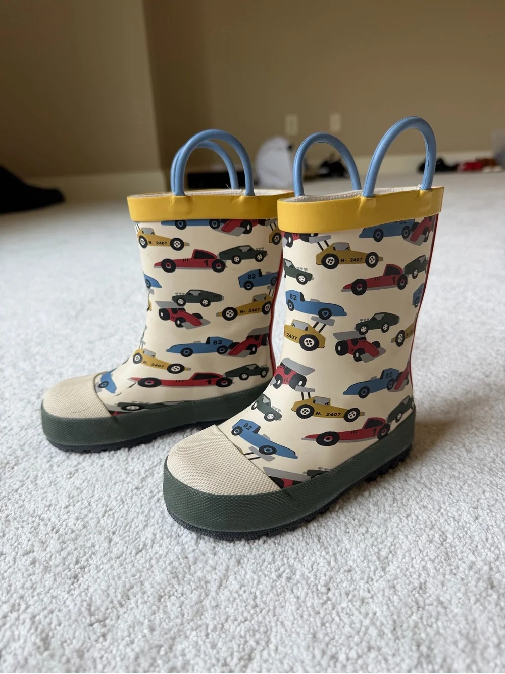Next kids Rain Boots with Racing Car Print - Yellow Trim